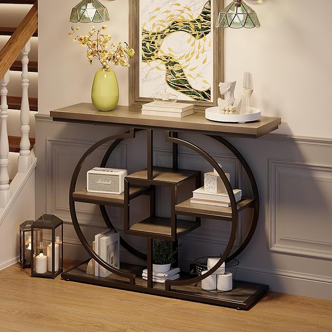 GiftGo Narrow Console Table for Entryway Industrial 4-Tier Sofa Table Behind Couch with Circle Base Rustic Wooden Accent Tables with Storage Shelves for Living Room, Hallway, Foyer (Grey)