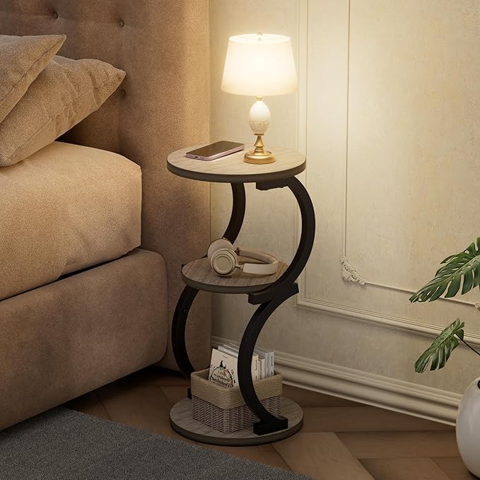 JUSTOGO Small Round Side Table, 3-Tier End Table for Living Room, Vintage Nightstand for Small Spaces Sofa Couch Corner Bedside Bedroom, S-Shaped Wood Accent Table Matel Coffee Table, Greige