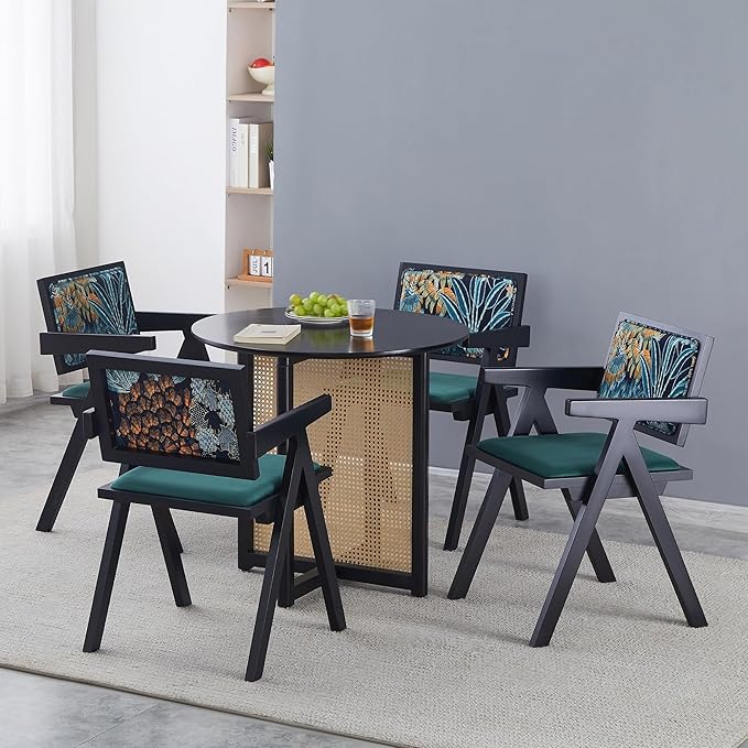 Small Round Coffee Table – 31.5" Solid Wood & Rattan Coffee Table, Modern Rustic Low Accent Table for Living Room, Boho Style, Black Height 29"