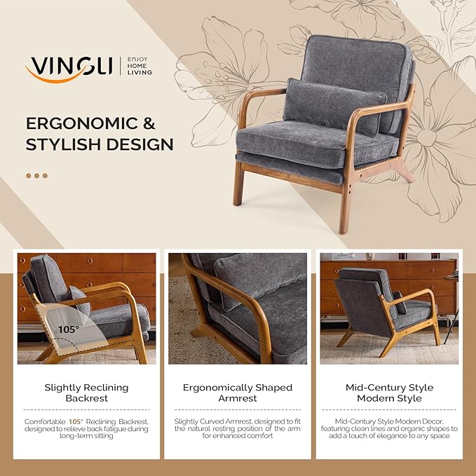 VINGLI Chenille Mid-Century Modern Accent Chair Set of 2, Cute Reading Arm Chair with Cushion & Lumbar Pillow & Solid Wood Frame for Lounge, Living Room, Reading Room, Bedroom, Dark-Gray