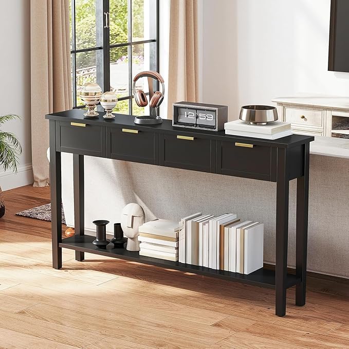 Long Console Table for Entryway with 4 Drawers, 60 Inch Entryway Table w/Open Shelf and Handmade Metal Handle, Narrow Foyer Sofa Table for Living Room, Bedroom, Hallway, Black