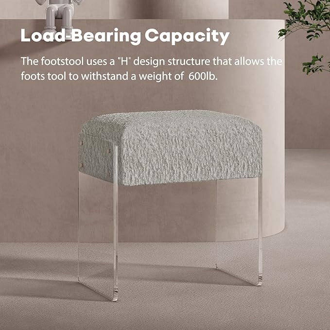 Soft Fluffy Stool, Modern Acrylic Footstool with Upholstered Seat, Fluffy Stool for Living Room Bedroom (Grey)