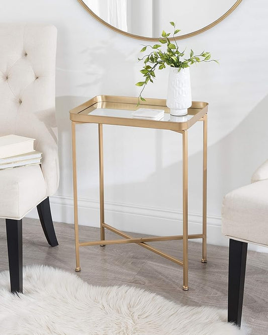 Kate and Laurel Celia Modern Mirrored Tray Side Table, 18 x 12 x 26, Gold, Foldable Rectangular End Table for Storage and Display