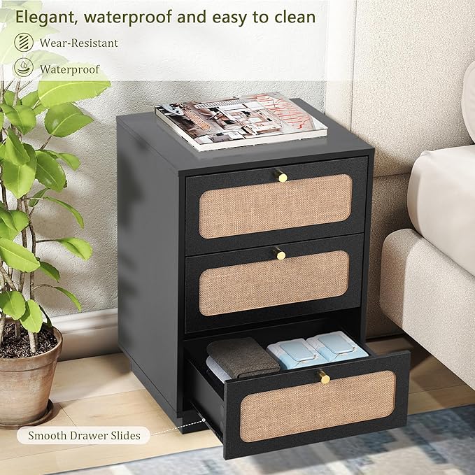 16 Inch Nightstand with 3 Drawer, Modern Wood Night Stand Storage with Linen Decor, Farmhouse Small Side Table for Sofa Couch, End Table for Bedside Bedroom, Living Room (Black)