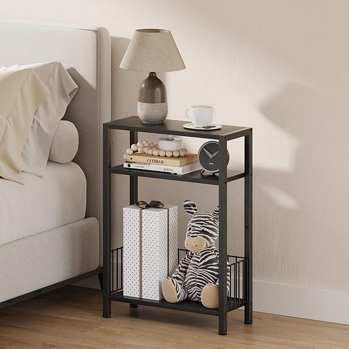 Narrow Side Table with Storage Basket, Small End Table for Small Spaces, Slim Sofa Table for Living Room, 3 Tier Bedside Table for Bedroom, Black