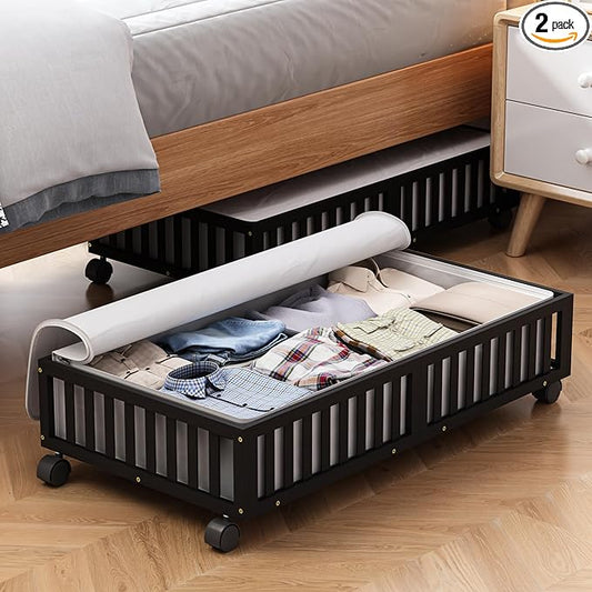 Bamboo Under Bed Storage Containers with Wheels, 2 Pack Large Under the Bed Shoe Storage Bins, Wood Rolling Underbed Drawers Organizer for Bedroom Closet Clothes Blanket Under Crib Toy Black