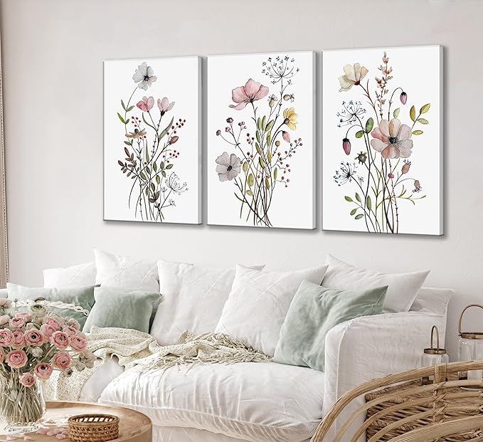 3Pcs Watercolor Wildflower Canvas Wall Art Modern Minimalist Colorful Botanical Floral Painting Pictures Wall Decor Flower Posters Print Artwork for Living Room Bedroom Home Decoration