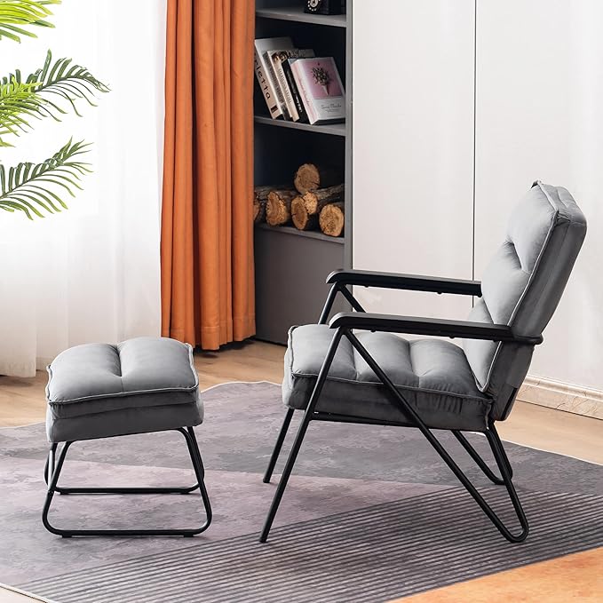 MCombo Modern Accent Chair, Velvet Club Chair, Upholstered Armchair for Small Space, Living Room & Office Reception, Fabric 4747 4750 (Chair with Ottoman, Dark Grey)