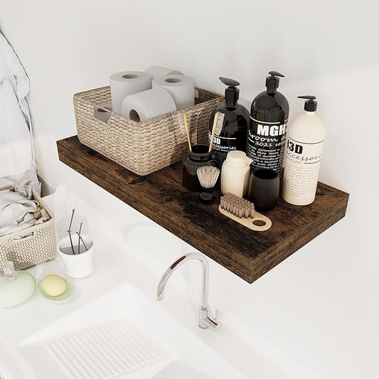 12 Inch Deep Floating Shelves, 24 x 12 Floating Shelf for Books, Rustic Wood Deep Wall Shelves for Home Storage & Display, 2" Thicked Shelves for Kitchen, Living Room, Bedroom, Rustic Brown, 1 Pack