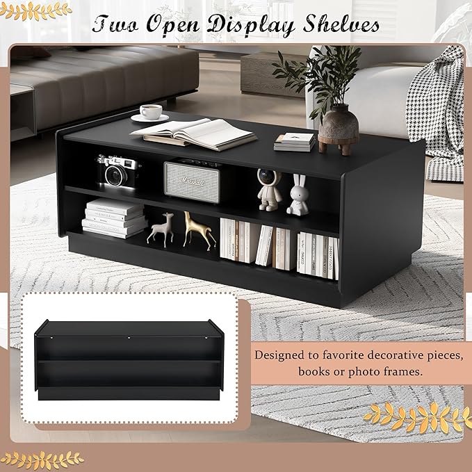 Modern Wooden Coffee Table with 4 Drawers & 2 Open Storage Shelves, 47.2-Inch Rectangular Fluted Accent Tables Center Cocktail Table for Living Room, Black