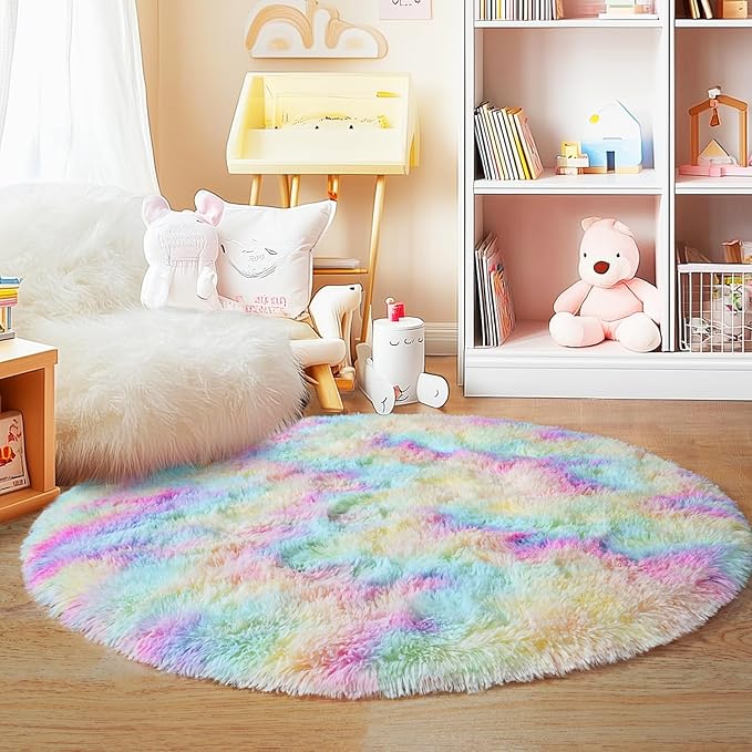5'x5' Rainbow Round Rugs for Girls Bedroom, Ultra Soft Fluffy Circle Rug for Kids Room, Cute Shag Rugs for Living Room Playroom Tent Castle Home Decor Rug