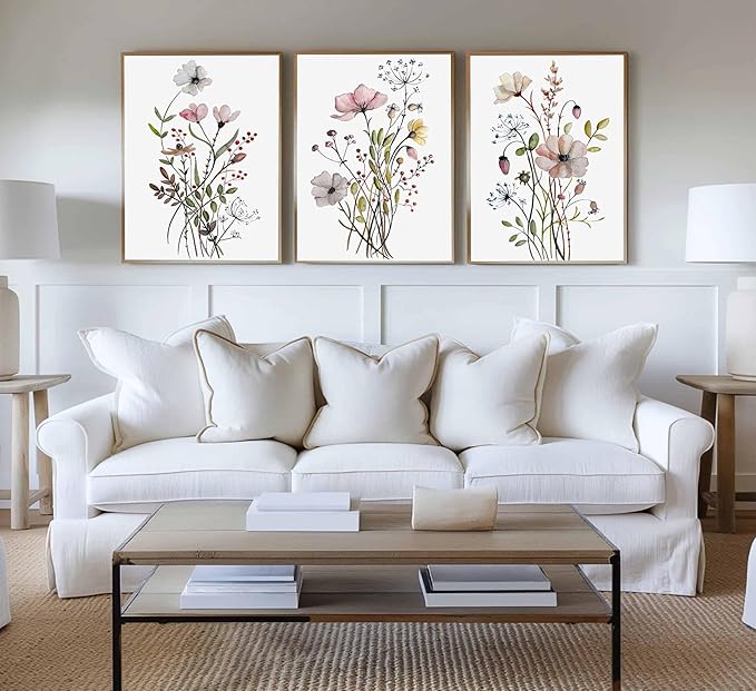 3Pcs Watercolor Wildflower Canvas Wall Art Modern Minimalist Colorful Botanical Floral Painting Pictures Wall Decor Flower Posters Print Artwork for Living Room Bedroom Home Decoration Unframed