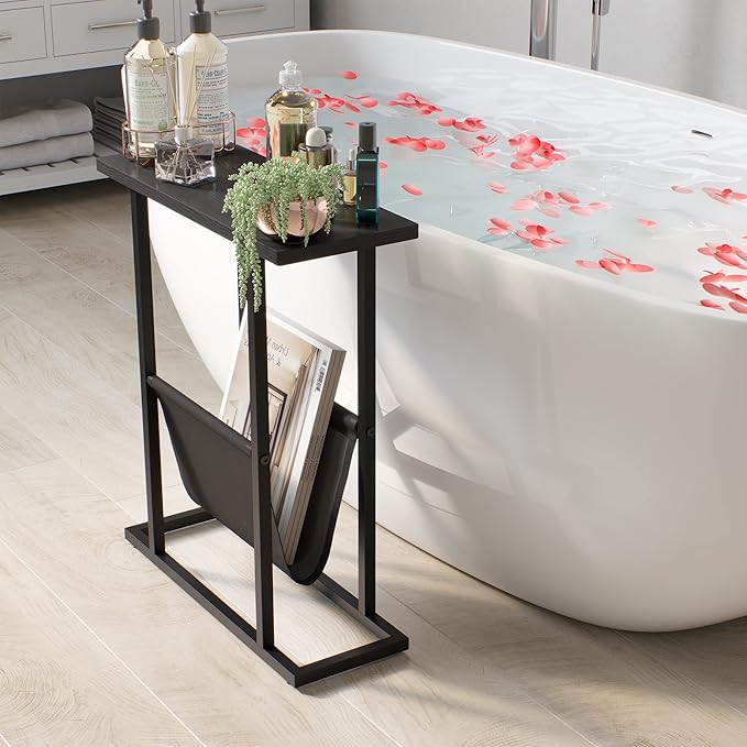 Yusong Small Narrow Side Table for Small Spaces, 17.7" W Slim End Table Nightstand with Storage Holder, Accent Skinny Snack Couch Bedside Table, Black Oak, Complete Iron Pipes