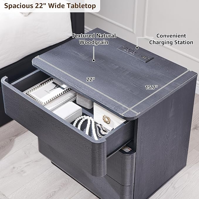 ACCOHOHO 22" Modern Nightstand with Charging Station, Push-to-Open Handleless 3 Drawers Bedside Table, Large End Table with Storage, Night Stand for Bedroom, Living Room, Curved Profile, Black