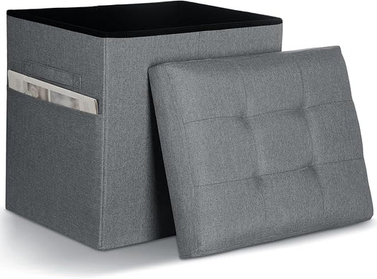 Storage Ottoman with Thicker Foam Padded Seat. 61L Slim Tall Foldable Foot Rest Stool with Linen Fabric, Ottoman with Storage Bench for Living Room Bedroom, 300lbs Weight Support, 17x13x17IN Dark Gray