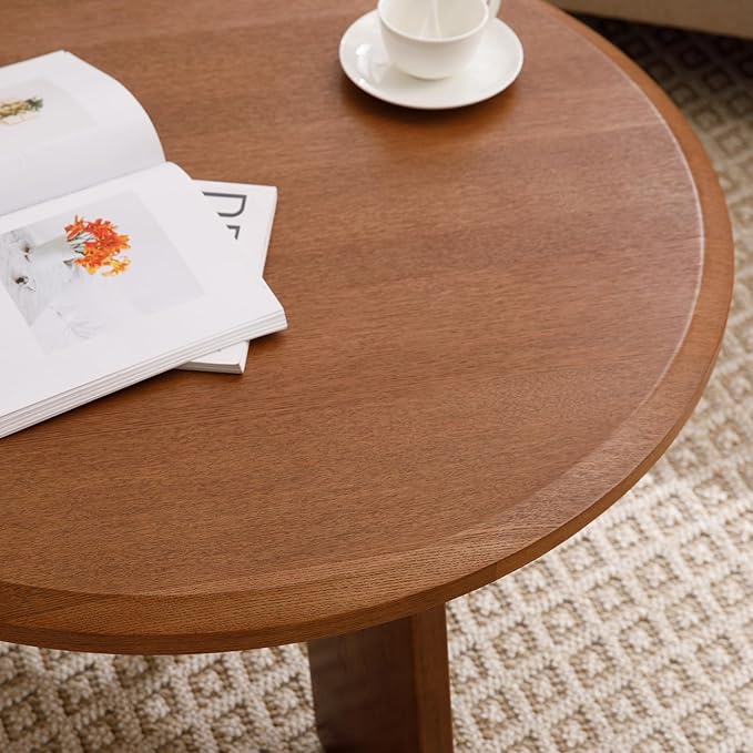 32" Round Coffee Table, Large Solid Wood French Country Accent Table, Farmhouse Side Table for Family/Office/Living Room/Sofa Couch End/Bedroom, Walnut