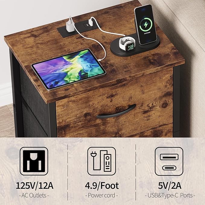 Vagusicc Nightstand Set of 2 with Charging Station, End Table Bedside Table with Power Outlet & USB Ports, Side Table with 2 Fabric Drawers for Bedroom, Living Room, Rustic Brown