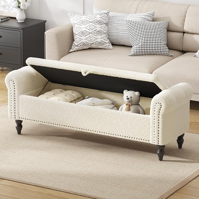 Furniliving 63” End of Bed Bench, Bedroom Bench with Button-Tufted, Large Upholstered Storage Ottoman Benches Entryway Bench with Storage Shoe Cabinet Bench, for Bedroom, Living Room, Faux Fur, White