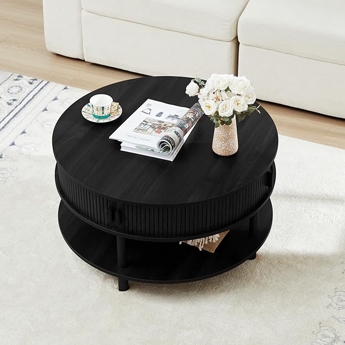 31.5” Round Coffee Table with Storage, Mid Century Modern 2 Tier Coffee Table with Tambour Sliding Door, Solid Wood Legs Fluted Center Table for Living Room Home Office Small Space, Black