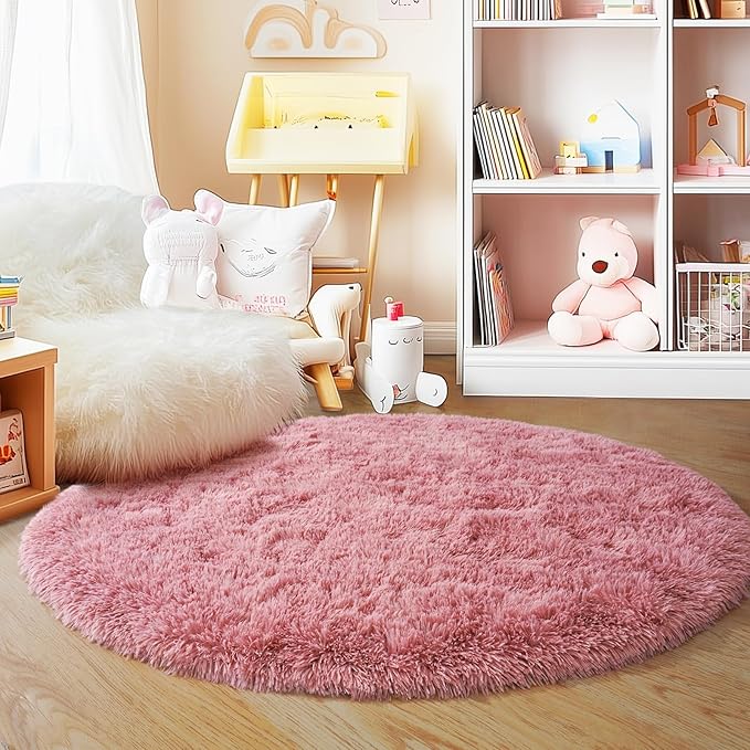 4'x4' Blush Round Rugs for Girls Bedroom, Ultra Soft Fluffy Circle Rug for Kids Room, Cute Shag Rugs for Living Room Playroom Tent Castle Home Decor Rug