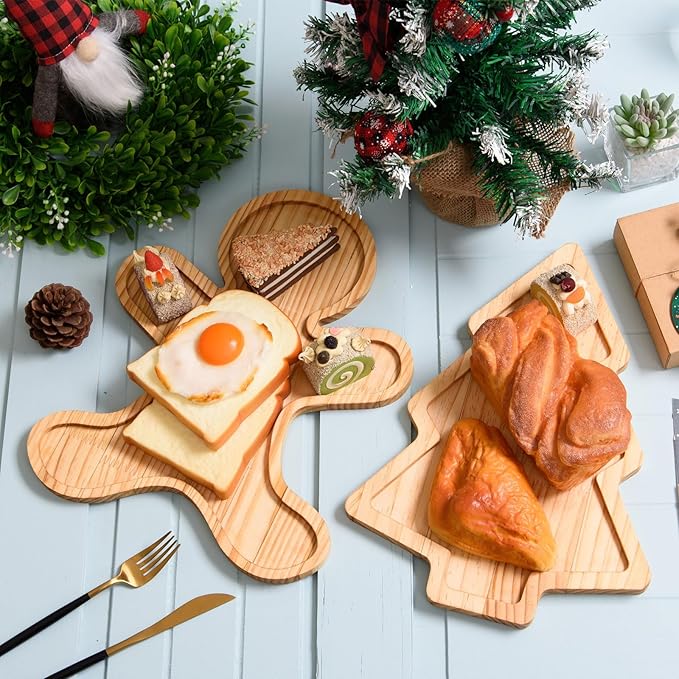 FOBSME 2 Pcs Christmas Wooden Serving Platters Christmas Tree and Gingerbread Man Charcuterie Boards Decorative Wood Trays Christmas Wood Snack Dish Plates for Xmas Holiday Housewarming Present