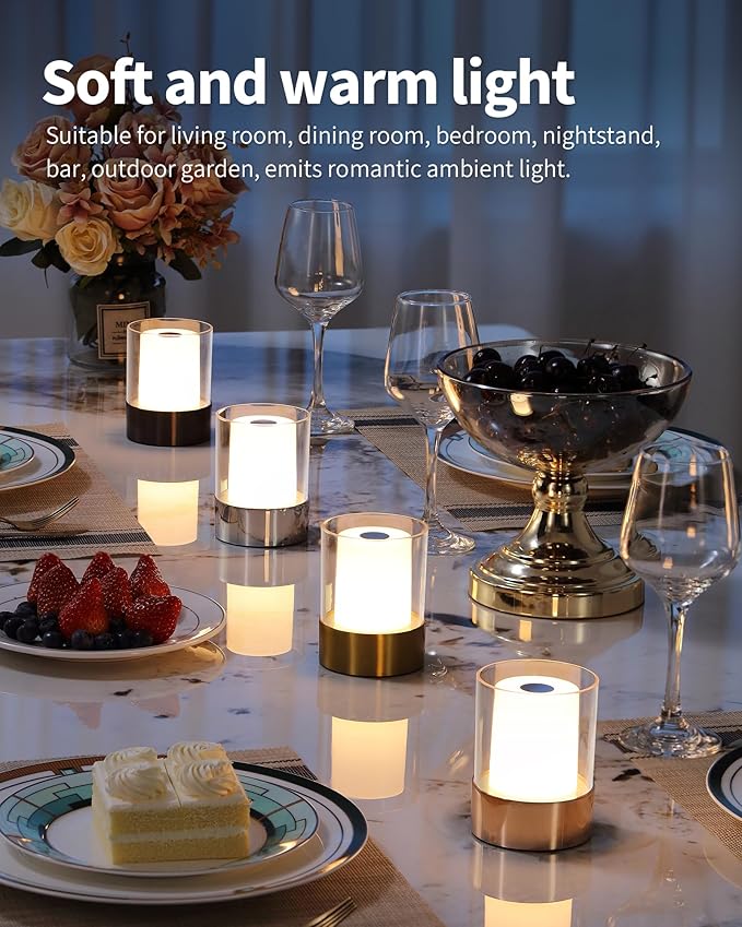 LED 4" Mini Cordless Table Lamp 2 Pack, Outdoor Waterproof Lamp, Rechargeable Battery Operated Lamp, Portable Touch Night Light for Dining Room, Camping, Nursery, Baby, Bar, Party (Black)