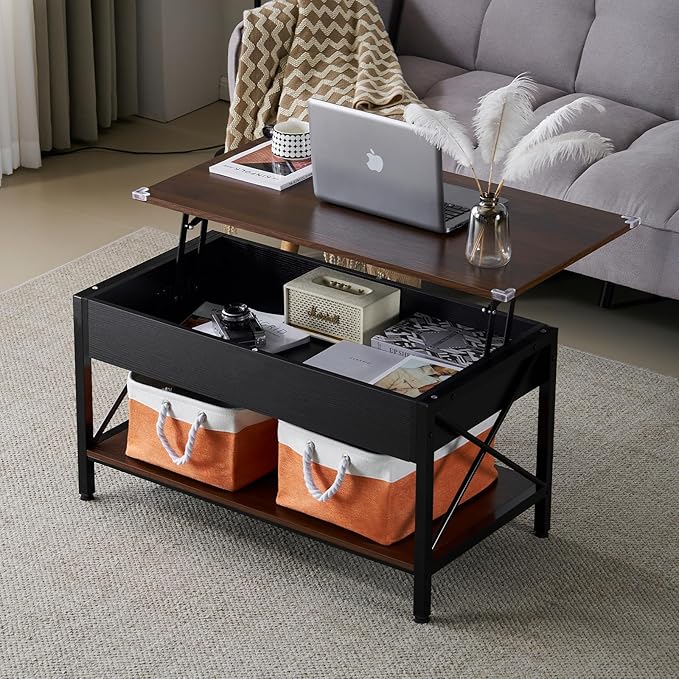 VINGLI 36" Lift Top Coffee Table with Storage, Rustic Espresso Coffee Table with Free Cloth Storage Bins for Living Room, Small Side Table for Small Space in Minimalistic Style, Espresso