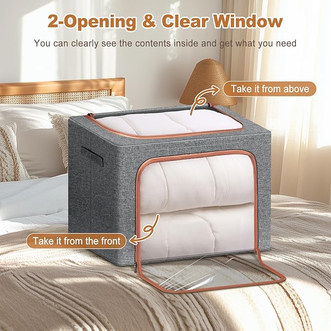 3 Pack Foldable Storage Bins with Metal Frame, Large Capacity Stackable Clothes Organizer with Clear Window & Carry Handles, Linen Fabric Storage Boxes for Closet (Gray, 3PCS-Large-66L)