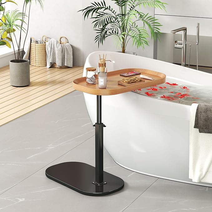 C Shaped Side Table Adjustable Height, 360°Swivel C Shaped End Table, Couch Side Tables That Slide Under, Small Coffee C Table End Table for Sofa/Bed/Bathtub, Rotating Elevate Tabletop (Wood)