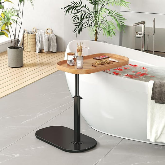 C Shaped Side Table Adjustable Height, 360°Swivel C Shaped End Table, Couch Side Tables That Slide Under, Small Coffee C Table End Table for Sofa/Bed/Bathtub, Rotating Elevate Tabletop (Wood)