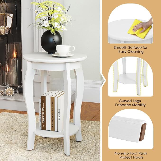 GOFLAME 2-Tier Round End Table Set of 2, Mid-Century Modern Sofa Side Table with Storage Shelf, Solid Wood Legs, Compact Accent Table, Nightstand for Living Room, Bedroom, Small Space, White