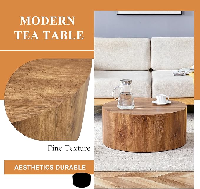 27.5" Round Wood Coffee Table, Modern Coffee Tables in Wood Finish for Living Room, Contemporary No Assembly Circle Wooden Center Cocktail Table for Bedroom, Reception Room