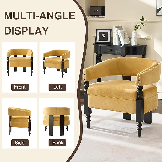 LOULENS Barrel Accent Chair, Vintage Chenille Upholstered Lounge Chair with Solid Wood Legs, Comfy Leisure Side Armchair for Living Room, Bedroom, Reading Nook, Corner, Yellow