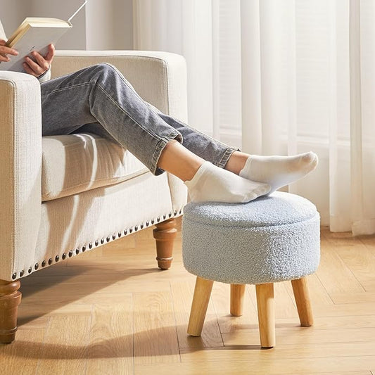 IBUYKE 13 Inch Foot Stool Ottoman with Storage, Round Small Foot Rest with Padded Seat and Wood Legs, Teddy Velvet Mini Footstool for Living Room Couch Bedroom Entryway, Gray-Blue WBD006H