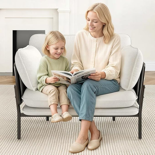 Modern Accent Chair for Living Room, Oversized Reading Chair with Solid Metal Legs, Upholstered Fabric Armchair with Side Pockets and 2 Pillows, Comfy Accent Chairs for Bedroom, Nursery, White