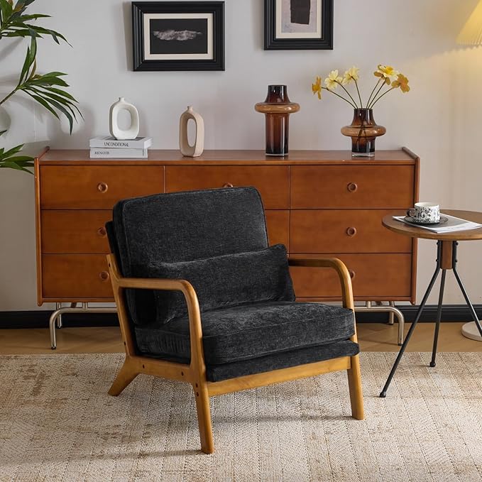 VINGLI Chenille Mid-Century Modern Accent Chair, Cute Reading Arm Chair with Cushion & Lumbar Pillow & Solid Wood Frame for Lounge, Living Room, Reading Room, Bedroom, Black