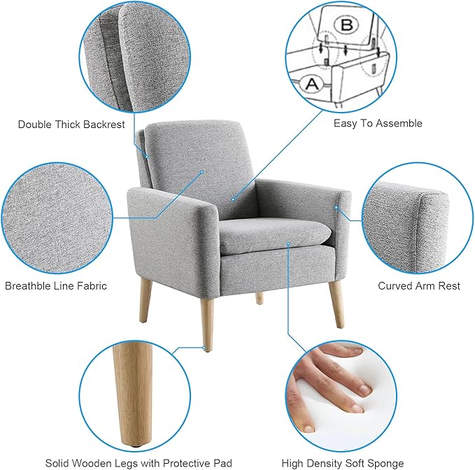 Lohoms Mid Century Modern Accent Chair, Fabric Upholstered Comfy Reading Leisure Chair for Bedroom, Living Room Stuffed Seat Single Sofa Chair with Wood Legs, Grey