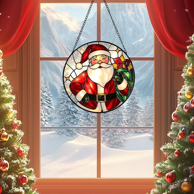 Christmas Stained Glass Window Hanging Sun Catcher, Santa Claus Suncatcher for Window Ornament, Festive Wall Art Decor Christmas Xmas Gift for Women, Men (Red Santa, 6.3'')