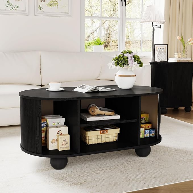 Rectangle Coffee Table, Fluted Coffee Tables for Living Room, Mid-Century Coffee Table Center Table with Storage & Sliding Doors for Apartment, Home Office (Black)