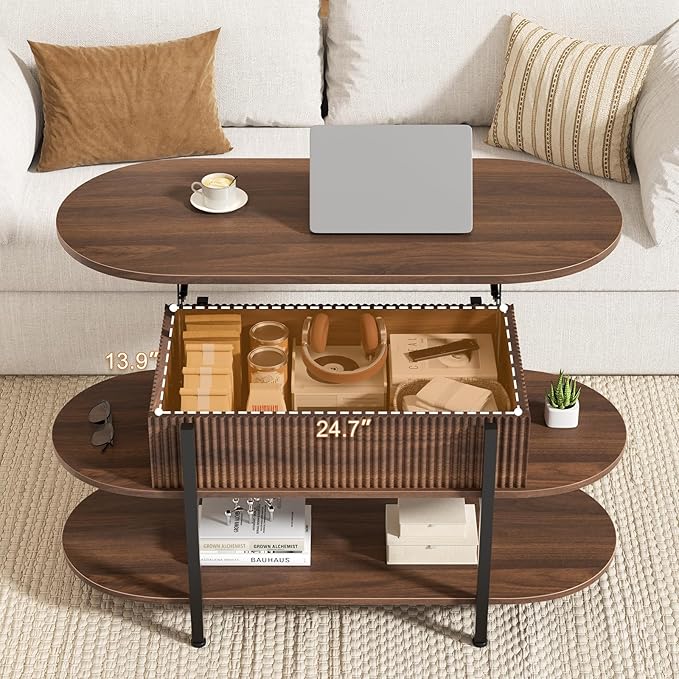 FABATO 41.7" Oval Lift Top Coffee Table, Fluted Wood Center Table with Hidden Storage, 3 Tier Oblong Tables with Curved Edge, Modern Elliptical Coffee Table for Living Room Reception Room, Walnut