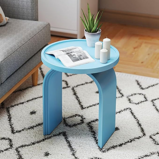 17.7”Wide Modern Side Table, Blue Wooden End Table, Round Accent Table for Small Spaces, Bedside, Couch Side, Narrow Nightstand for Living Room