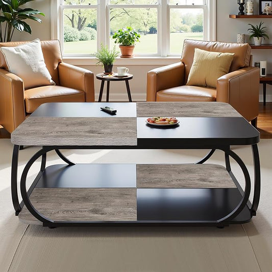 2-Tier Coffee Table with Storage Shelf, 39" Small Square Coffee Table Modern Wooden and Metal Accent Center Sofa Side Tables for Living Room, Gray & Black