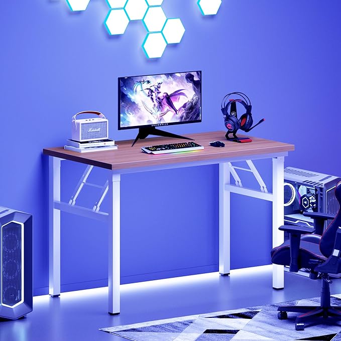 DlandHome Folding Desk Small Desk 31.5 inches Computer Desk for Home Office Folding Table Writing Table for Small Spaces No Assembly Required Teak & White Frame