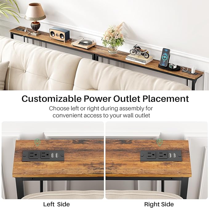 Kitstorack 2-Pack Narrow Console Table with Adjustable Height (25"-33") & 2 Power Outlets, Skinny Behind Couch Table, 79" Long x 5.9" Wide Sofa Side Table for Living Room, Rustic Brown