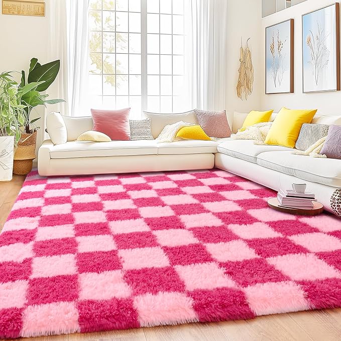 Checkered Rug for Living Room 8x10, Ultra Fluffy Fuzzy Shag Large Area Rug for Bedroom, Modern Plush Soft Upgrade Non-Slip Carpet for Kids and Girls Room Dorm Home Decor, Pink and Hot Pink