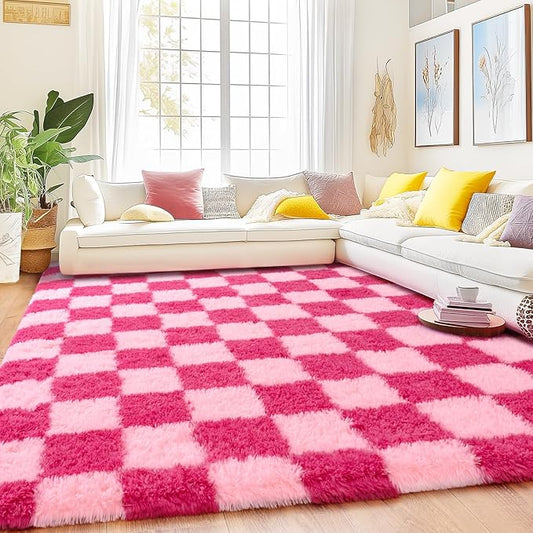 Checkered Rug for Living Room 6x9, Ultra Fluffy Fuzzy Shag Large Area Rug for Bedroom, Modern Plush Soft Upgrade Non-Slip Carpet for Kids and Girls Room Dorm Home Decor, Pink and Hot Pink