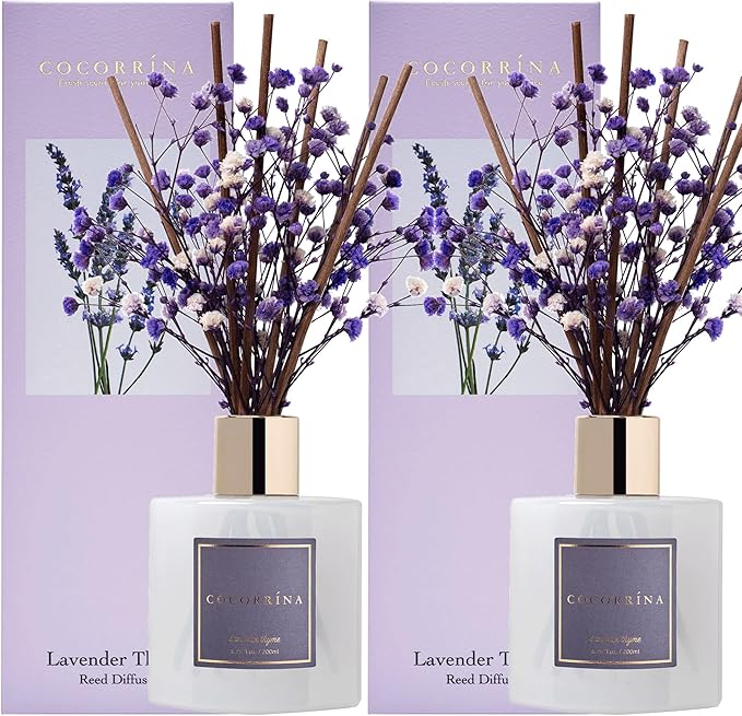 Cocorrína Premium Reed Diffuser Set with Preserved Baby's Breath & Cotton Stick Lavender Thyme 2 Packs, 6.7oz Scent Fragrance Oil Diffuser for Bedroom Bathroom Home Décor