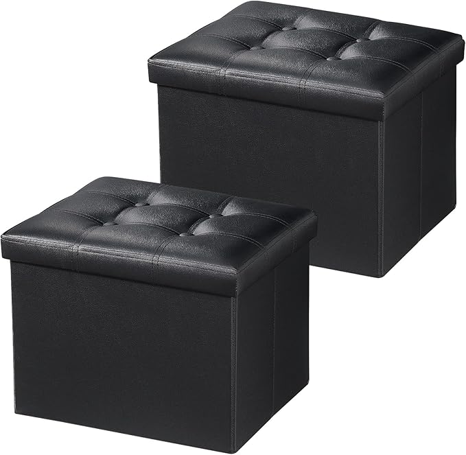 2PC Storage Ottoman, Folding Foot Stool with Thicker Foam Padded Seat Small Leather Storage Ottoman Bench Foot Rest for Living Room Foldable Coffee Table 17x13x13in,Black