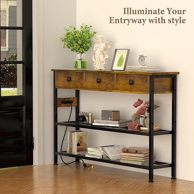 GRLEAF 47" Console Table with Outlets & USB Ports – Narrow Entryway Table with 3 Drawers and Storage Shelves, Power Strip Sofa Table for Living Room, Hallway, Kitchen, Foyer – Rustic Brown Wood Finish
