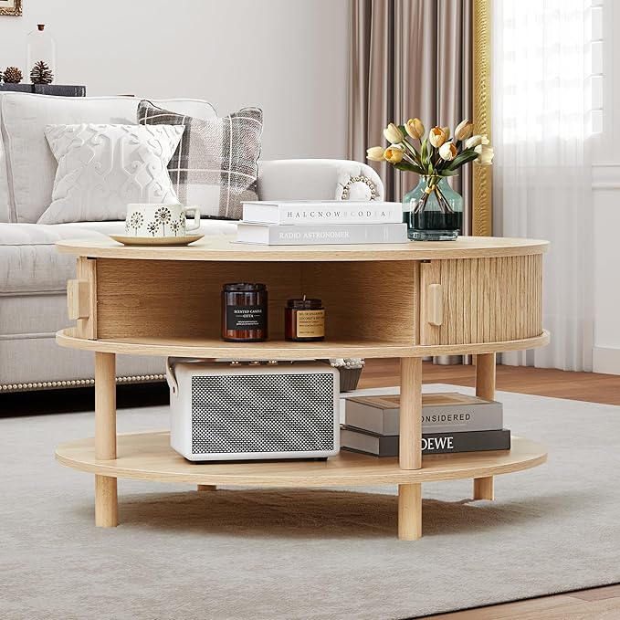 RARZOE 31.5" Round Coffee Table with Storage, Wood Circle Coffee Table with Sliding Cabinet Doors, Fluted Dining Table Accent Center Table for Living Room Home Office Apartment, Natural